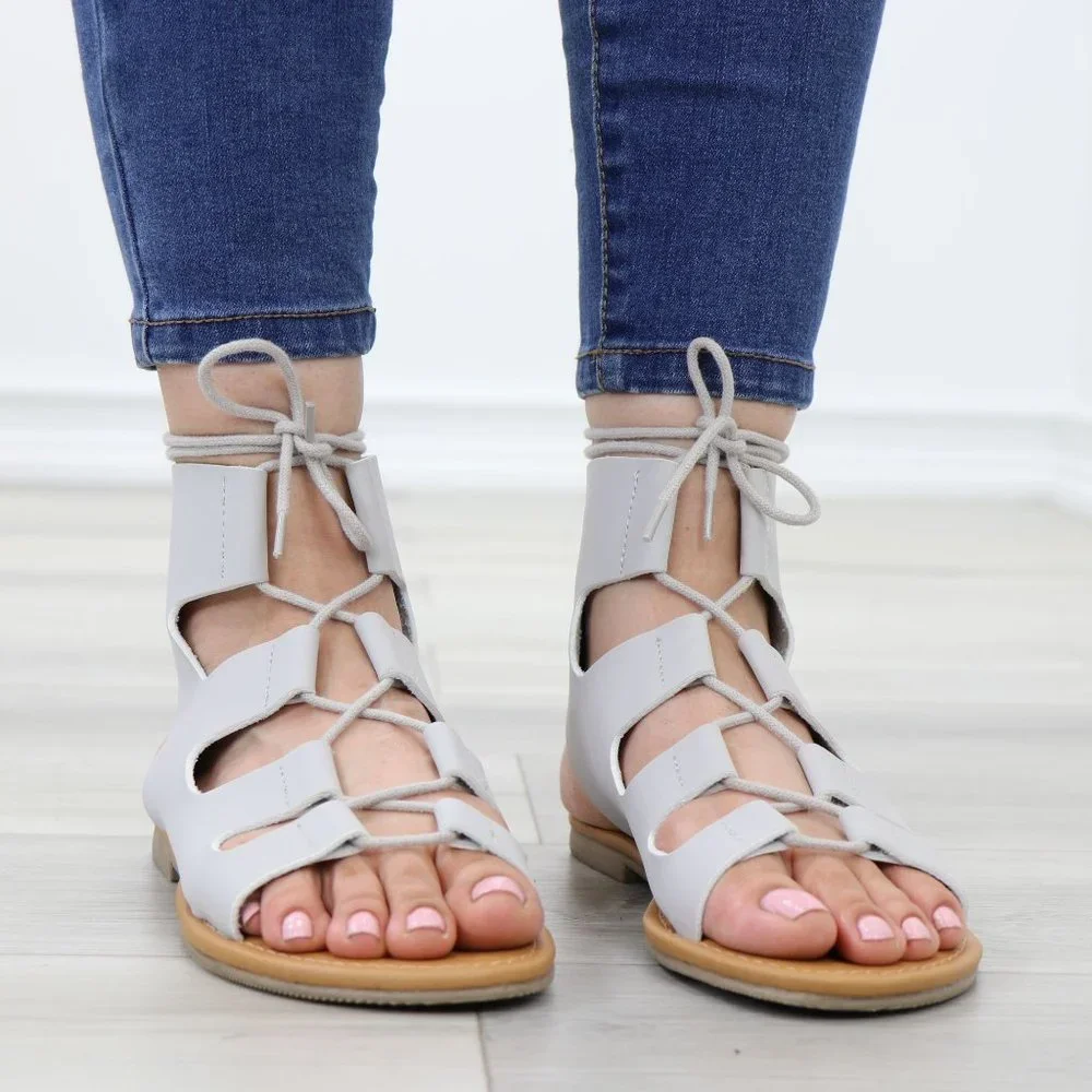 Gray Gladiator Laced-Up Bootie Style Flat Sandals - Picture 3 of 14